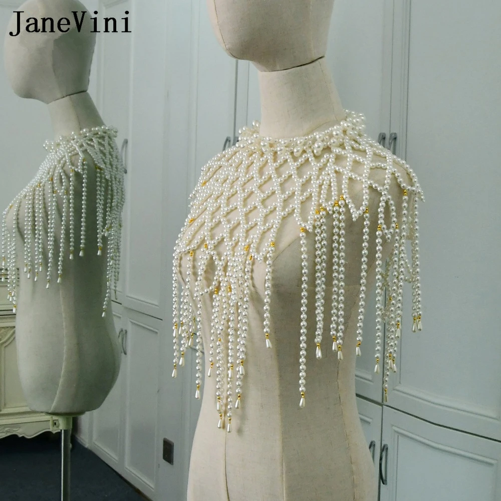 JaneVini Bohemia Pearl Chain Necklace Women Fashion Body Chain Shoulder Chain Bridal Coat Party Shawl Wrap Wedding Accessories