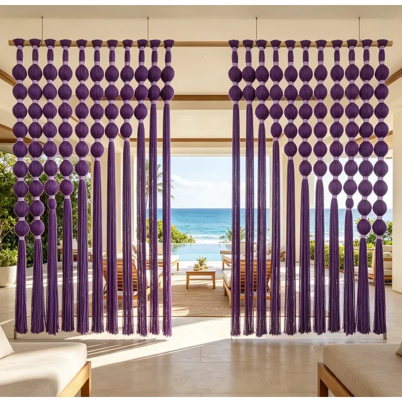 Factory Direct Dark Purple Spherical Bead Macrame Room Divider Tassel Hanging Curtain for Hotel Villa Commercial Decor