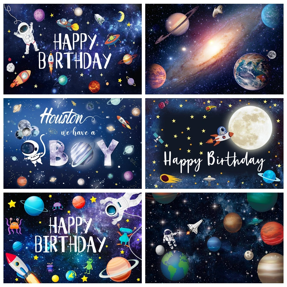 

Outer Space Happy Birthday Backdrop Universe Planet Galaxy Spacecraft Astronaut Blast Off Rocket Baby Shower Photo Background