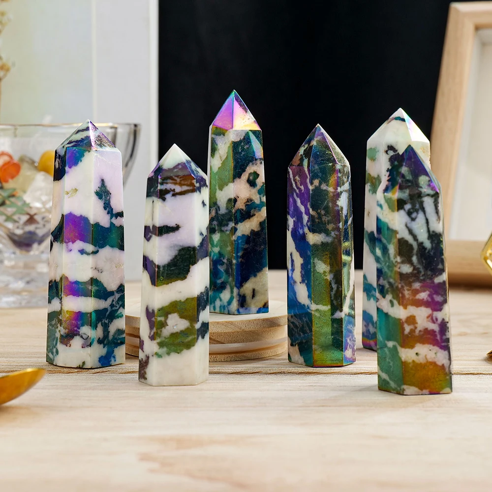1pc Natural Crystal Aura Zebra Stone Hexagonal Pillars Polished Single Pointed Ornament Crafts Home Tabletop Decorations