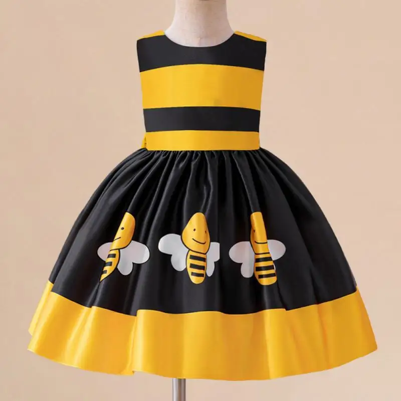 Girl's New Sleeveless Color Blocked Bee Animal Print Cartoon Cute Halloween School Stage Play Cosplay Performance Costume