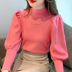 2023 Autumn Winter Solid Color Fashion Half High Collar Long Sleeve Sweater Women Casual Slim Chains Elegant All-match Pullovers