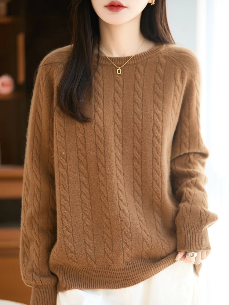 سترة تريكو من صوف ميرينو 100% بلوفر نسائي برقبة دائرية للخريف والشتاء من الصوف الخالص بأكمام طويلة ملابس شعبية مريحة