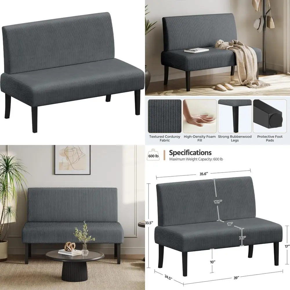 Mini Armless Loveseat Futon Sofa, Corduroy Fabric, Easy Assembly, Ideal for Small Spaces Living Room, Bedroom.
