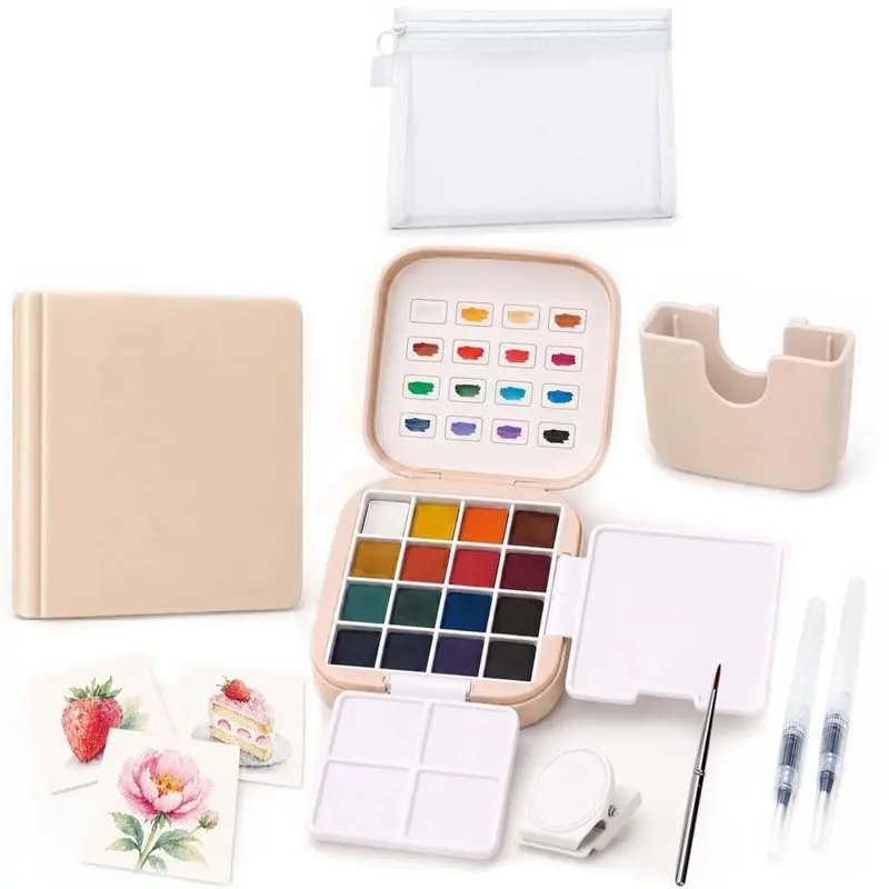 lxyb18b-ミニチュア旅行用水彩絵の具セット-16色の水彩絵の具、スケッチブック、筆、クリップ付き。初心者向け。