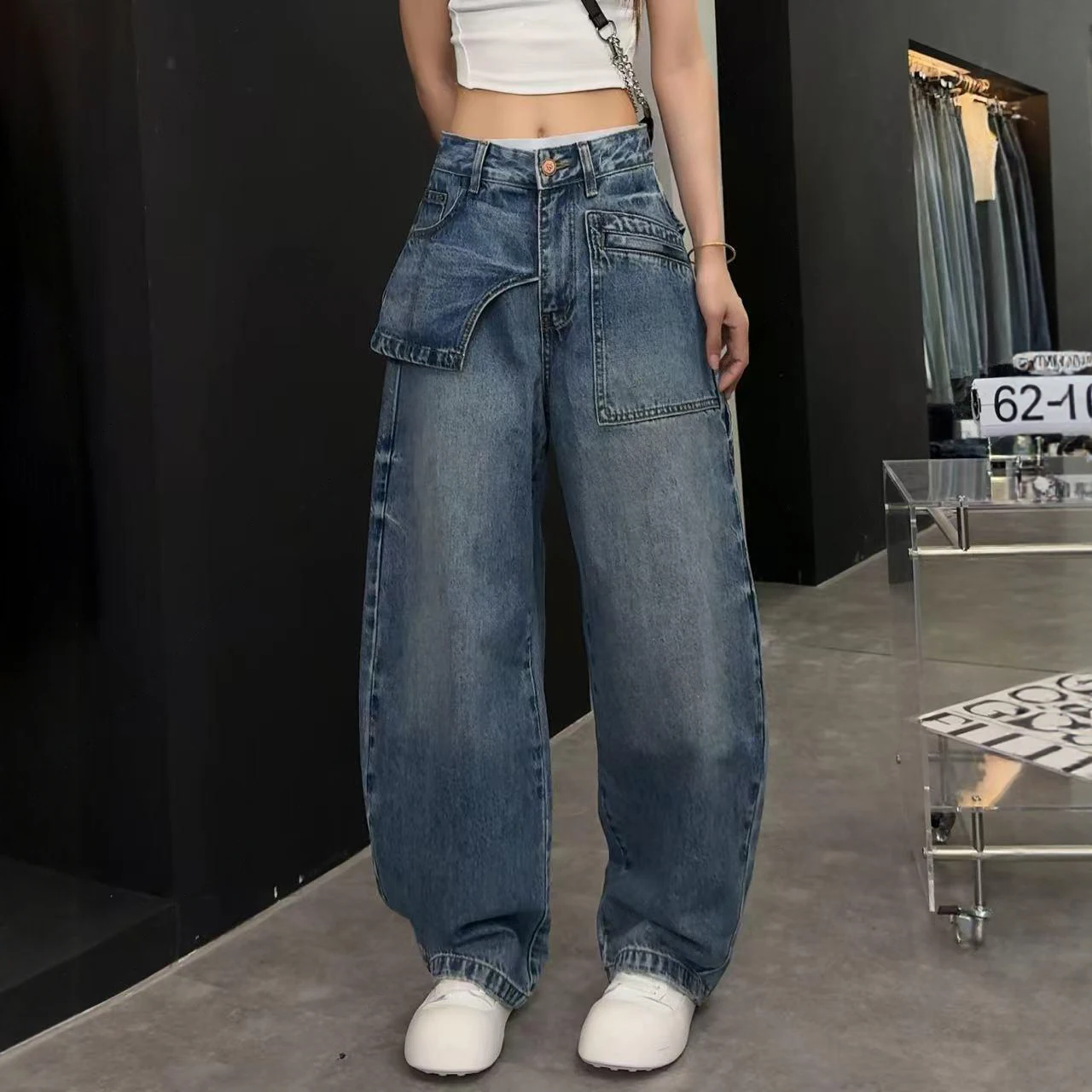 

Женские джинсы, осень 2024, новые модные джинсы, карманный лоскутный асимметричный дизайн, длинные брюки, женская одежда, хлопковые тонкие брюки