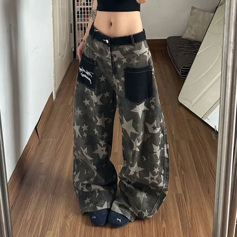 Women Star Print Wide Leg Jeans Contrast Color Pocket Letter Embroidery Autumn Loose Baggy Denim Pants Y2k Streetwear Trousers