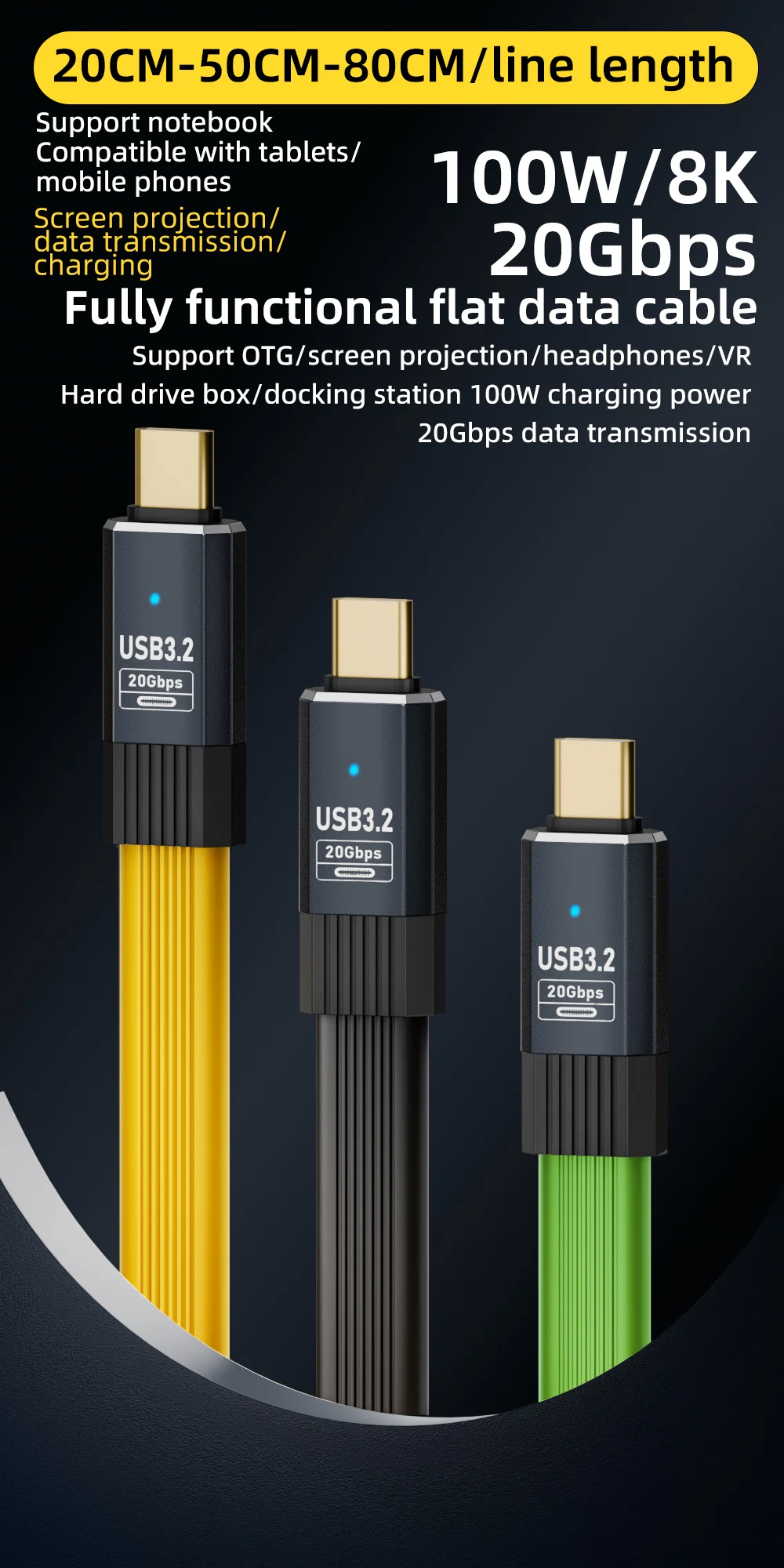 USB3.2 USB C to Type C PD100W Cable 8K@60Hz 20G USBC for ThunderBolt3 TB3 Macbook iPad Samsung Google Pixel NS Switch Steam Deck