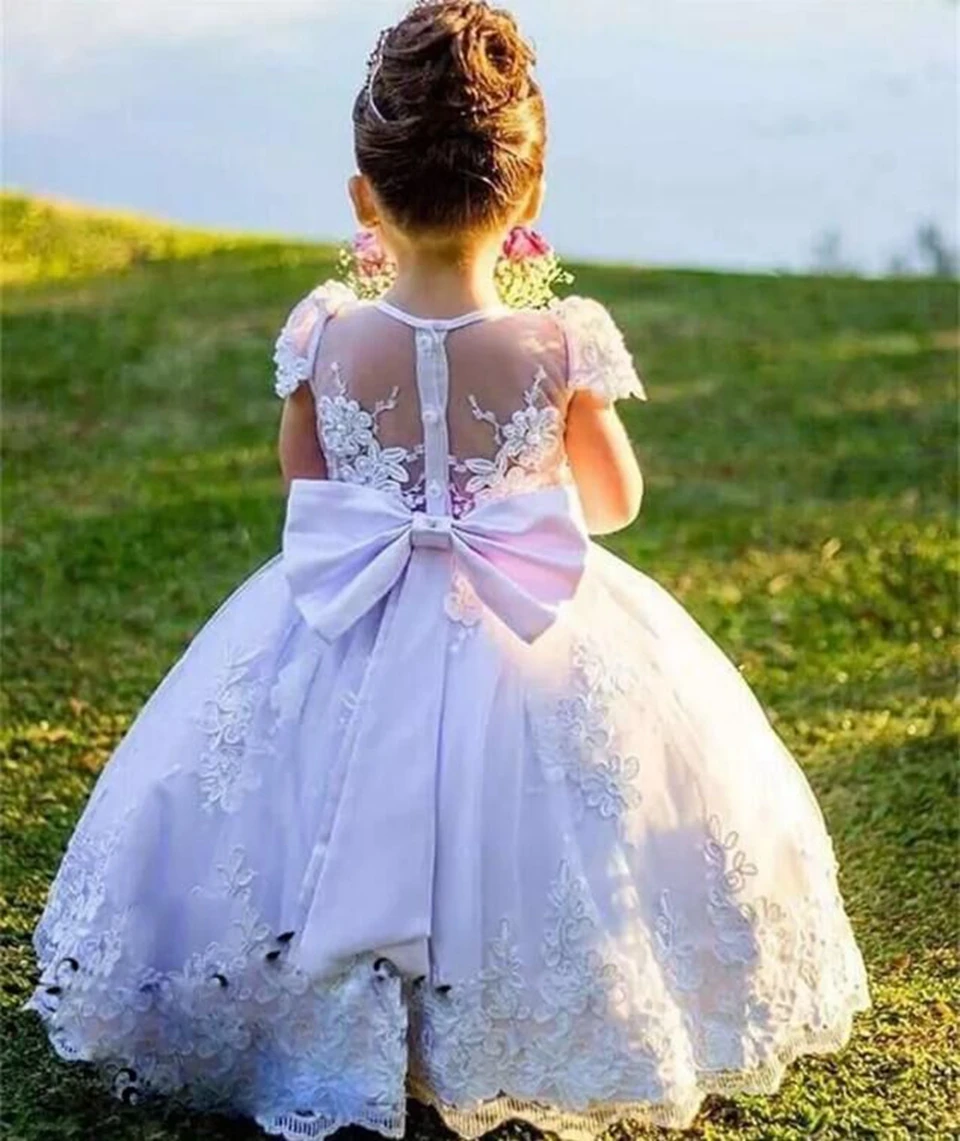 Robes de mariée blanches à fleurs personnalisées pour filles, appliques en dentelle, robe de princesse moelleuse, robe de soirée de première communion avec nœud, élégante, 2025