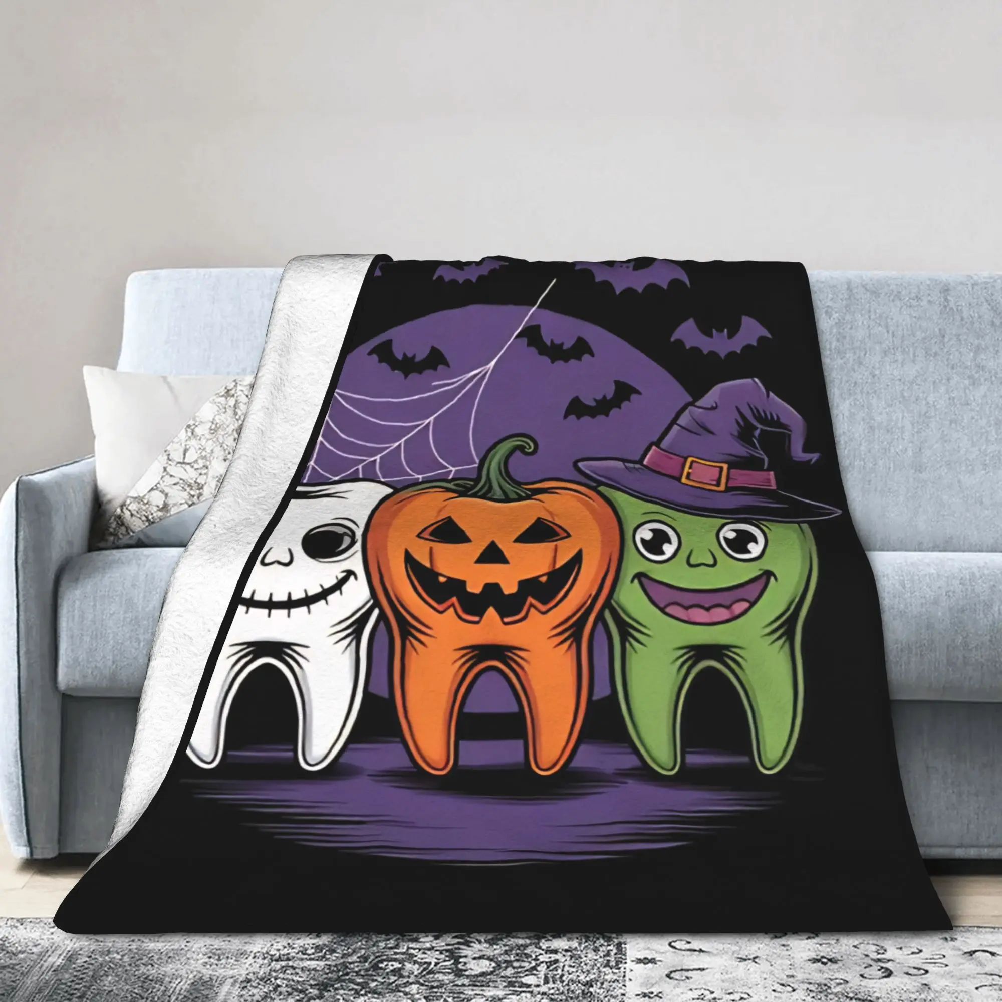 Teeth Ghost Blanket Cartoon Teeth Helloween Flannel Throw Blanket Summer Air Conditioning Portable Soft Warm Bedspreads,