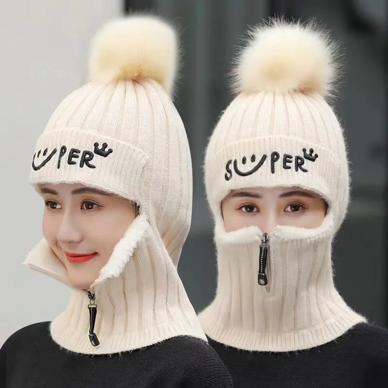 Warm beanie cap Winter adult women casual knitted hat Neck warmer Mask balaclava with zipper Cycling skullies ski skullcap