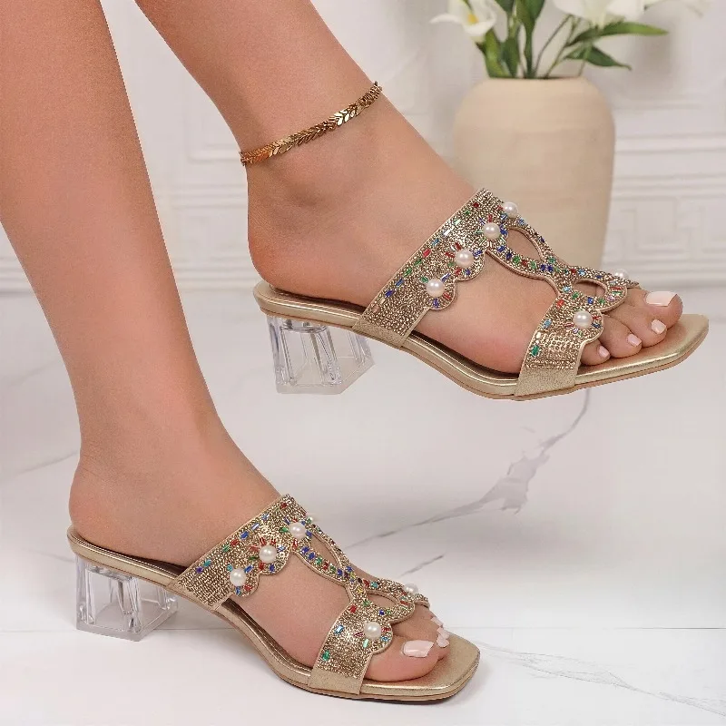 Summer Women Sandals Colorful Rhinestone Party Slippers Slip-On Strange Transparent Heels Sandals Fashion Dress High Heels Shoes