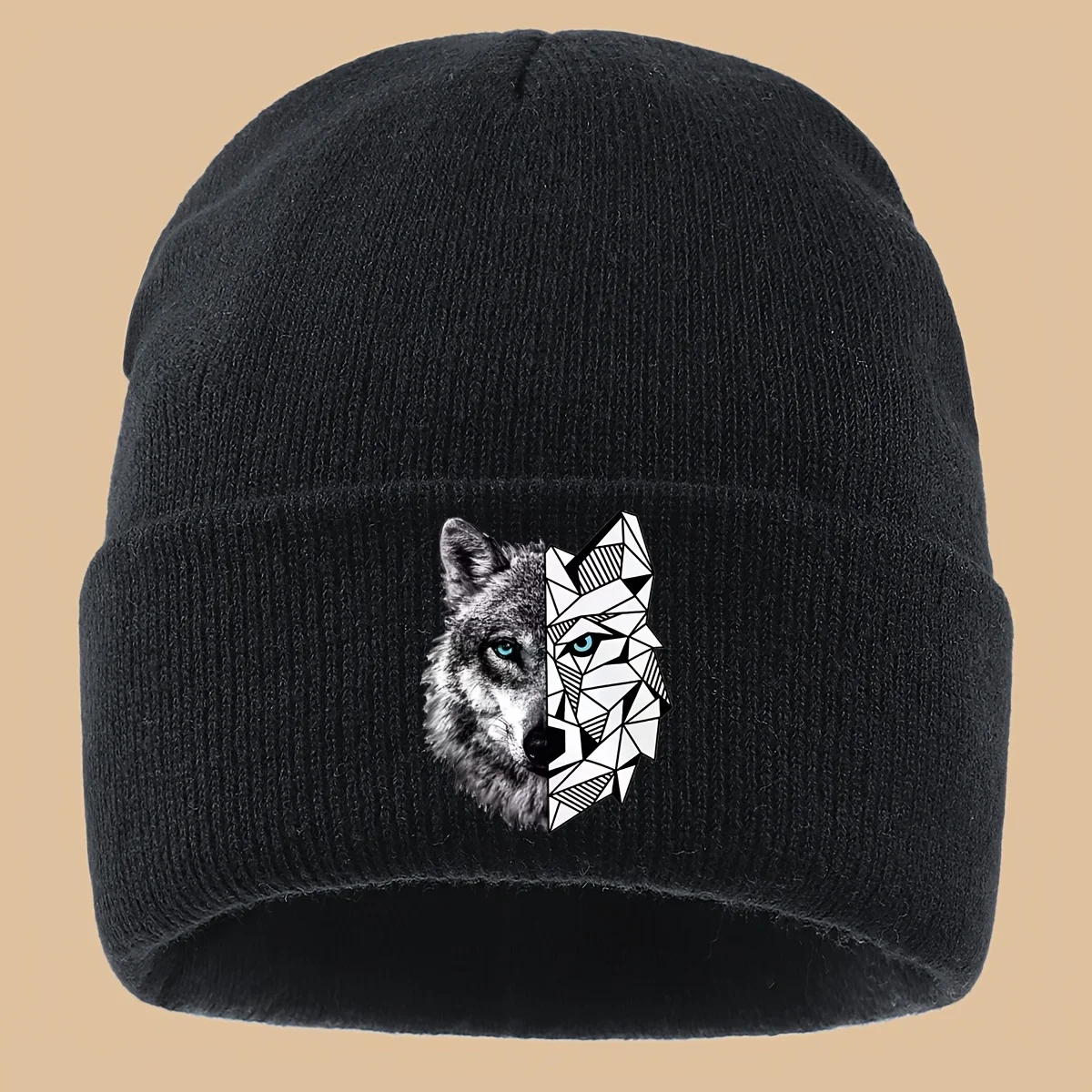 Mechanical Wolf Head Print Beanie Unisex Winter Warm Knit Hat for Skiing Hunting Outdoor Activities