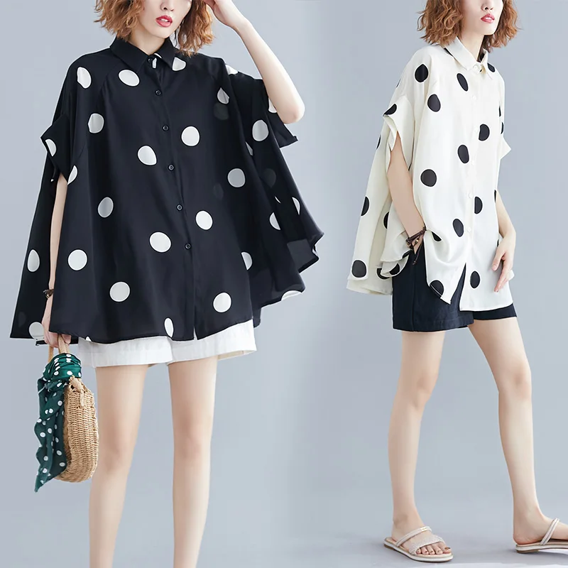 Fashionable and artistic oversized women\'s chiffon shirt polka dot short sleeved shirt bat shirt plus size women clothing