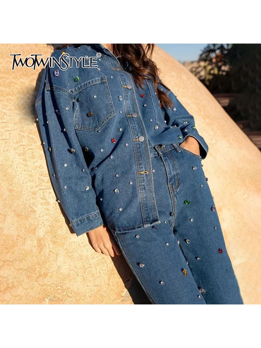 

TWOTWINSTYLE однотонные комплекты из двух предметов с бриллиантами для женщин, блузка с длинными рукавами и лацканами, брюки с высокой талией, ковбойский комплект, женская мода