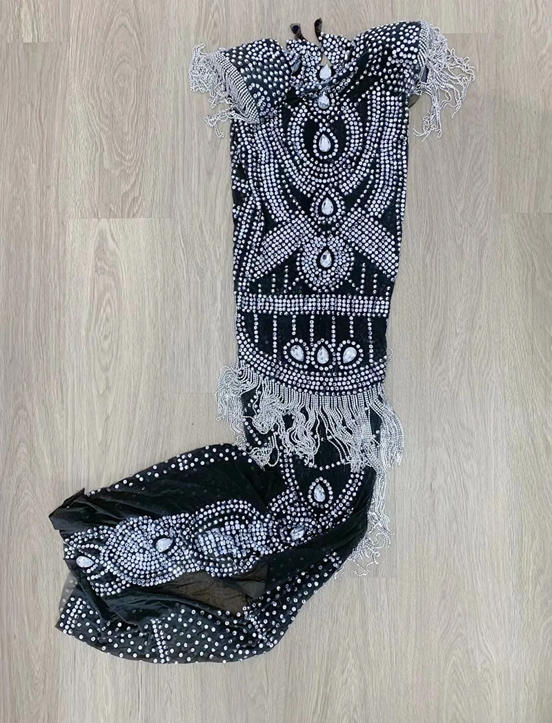 Summer Black Mesh Rhombus Rear Split Tassel Shiny Dress Party Ladies Vestidos Fiesta Vestidos Noche De Lujo Fiesta  Above Knee