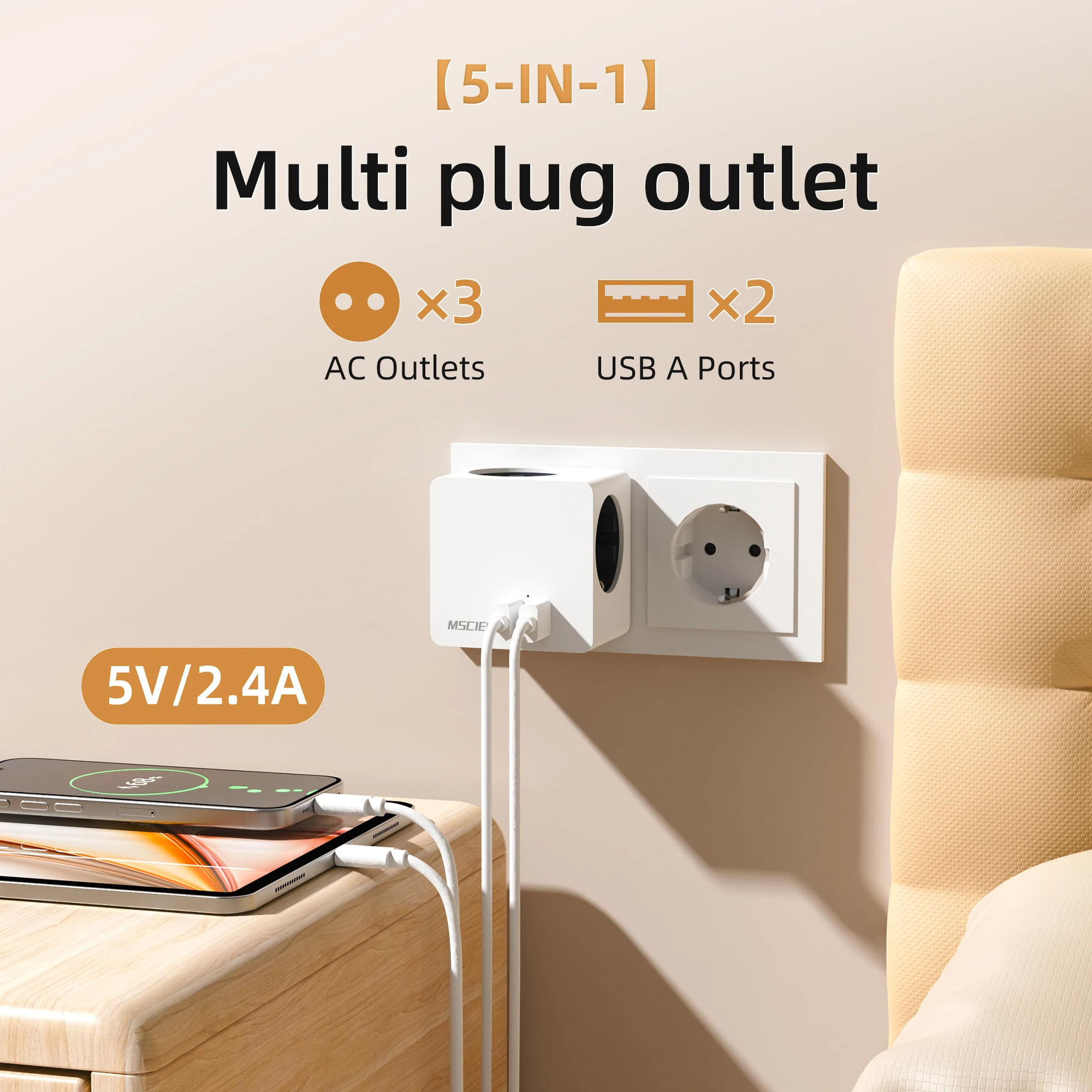 Multi Plug Outlet Extender, Wall Power Strip with 3 AC Sockets & 2 USB Ports, Fireproof Overload Protection for Office Travel