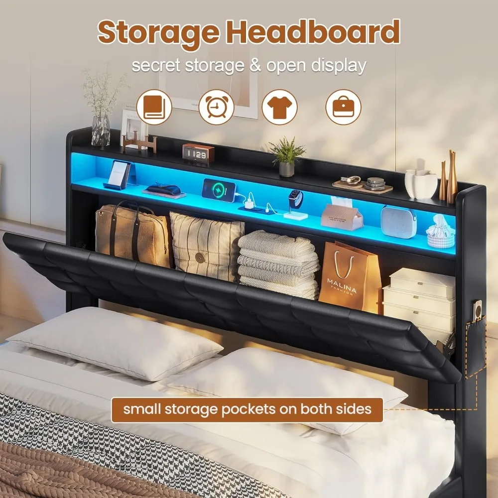 Lift Up Storage Queen Bed Frame with Type-C Charging Station&Hidden Storage Headboard, Lights Upholstered Platform Bed,Queen Bed image 4