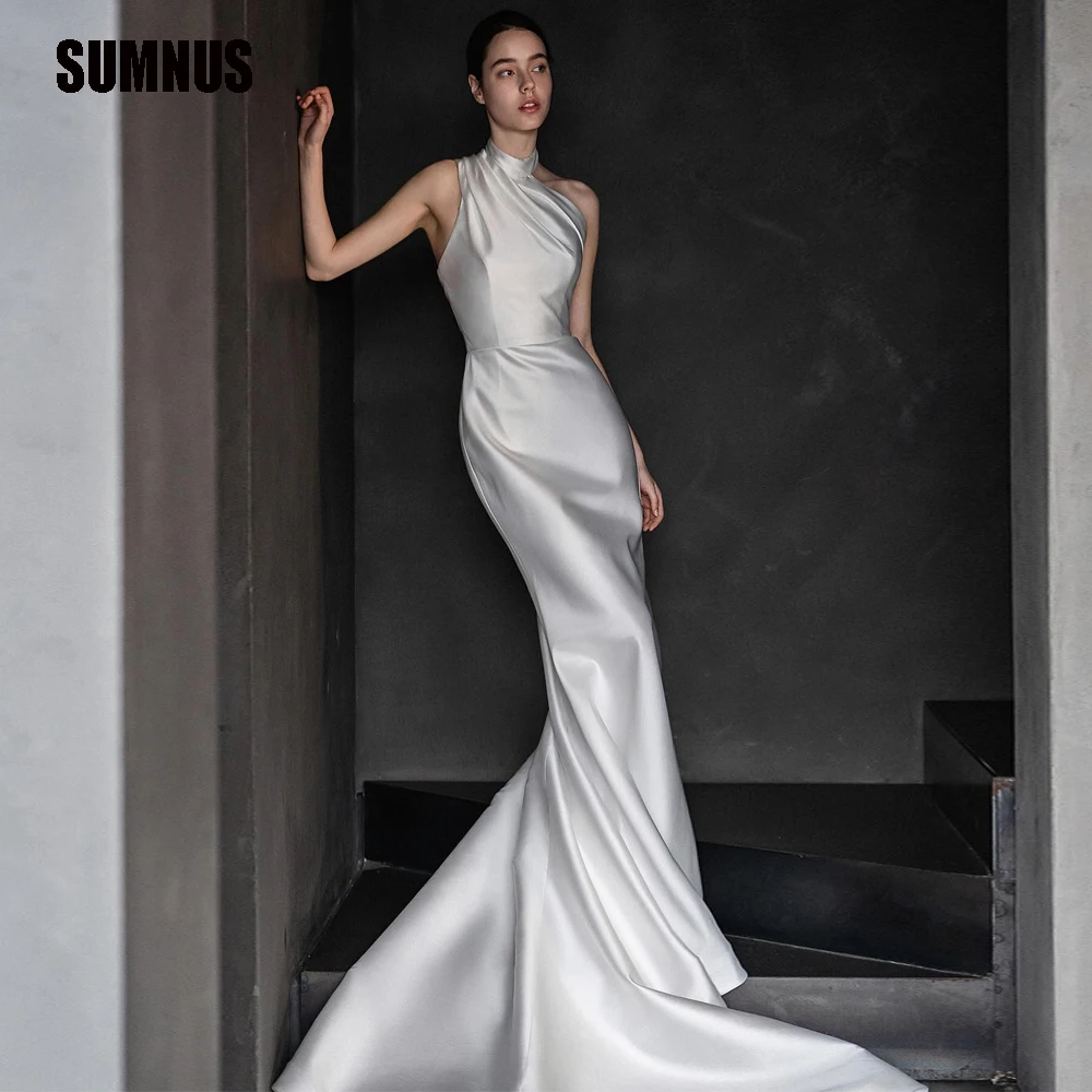 

SUMNUS Sexy Satin Long Train Wedding Dresses High Neck Mermaid Formal Dress For Women Robe De Mariée Sheath Formal Brides Gown