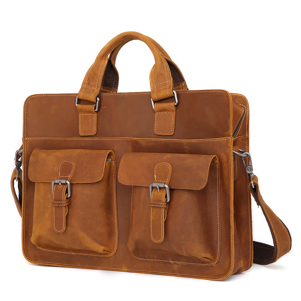 Maleta de couro genuíno para homens, bolsa de computador de negócios portátil, Crazy Horse, bolsa de trabalho masculina, 15,6"