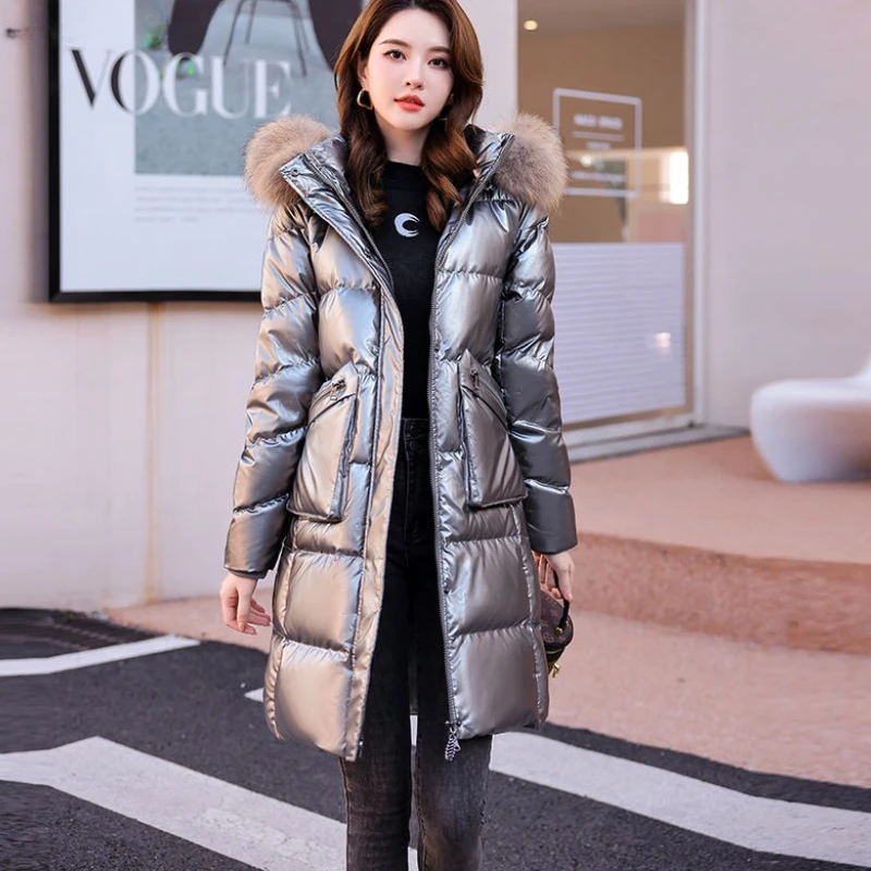 

2023 New Women Down Jacket Winter Coat Female Mid-length Bright Face No Wash Parkas Hooded Thicken Outwear Fur Collor Overcoat