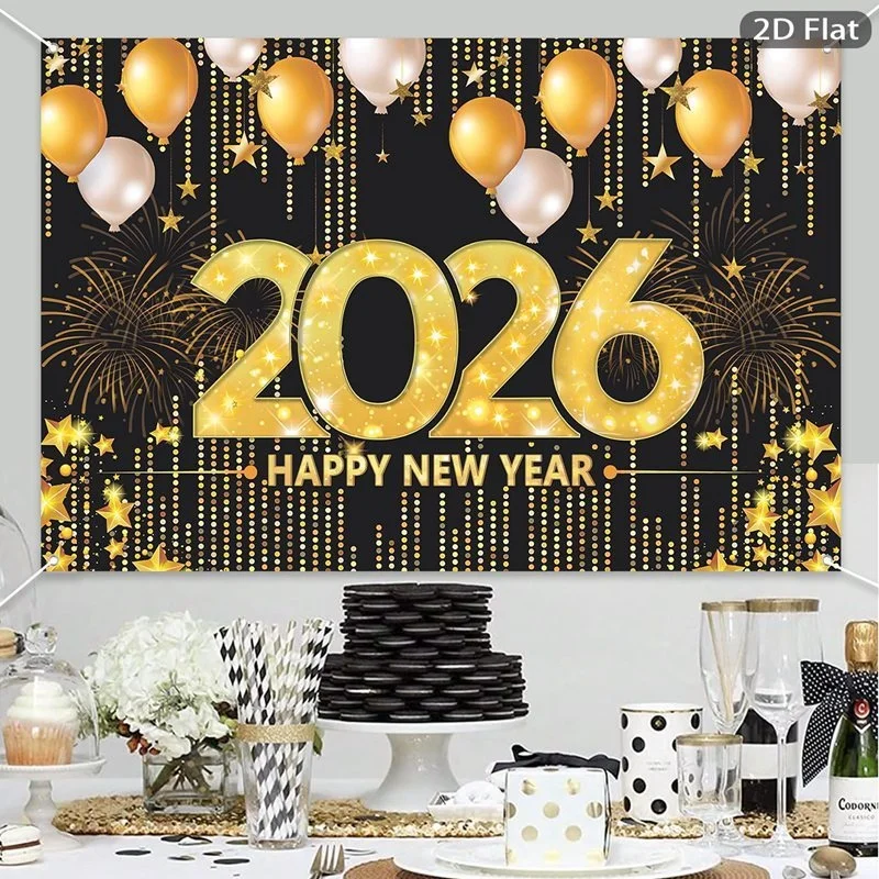 1 قطعة 2DPlane2026 قماش خلفية السنة الجديدة - تصميم بالون الألعاب النارية باللونين الأسود والذهبي، لا يتطلب إمدادات الطاقة #2