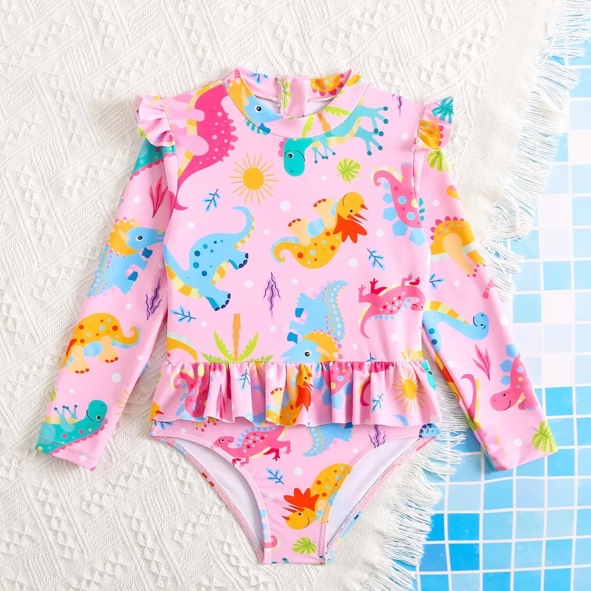 

Розовый купальник с принтом динозавров для девочек, состоящий из двух частей, с длинными рукавами, рюшами по низу и высоким воротником, детский купальный костюм для пляжа