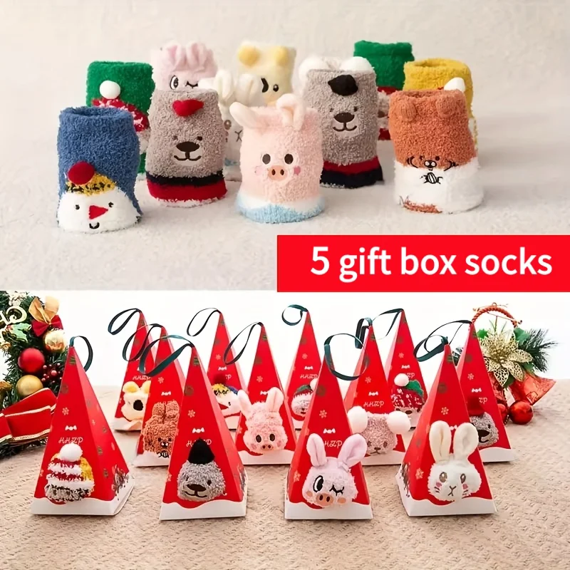 5 pairs winter coral fleece gift BOX socks, colorful rabbit cartoon cute mid-calf socks, birthday gift socks, Christmas socks