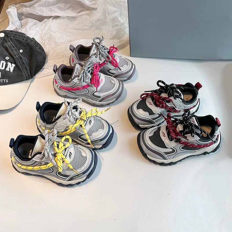 Kids'Casual Shoes Color Blocking Mesh Autumn Fashion Shoes For Children Breathable Anti-slip BlGrey Black Shoes Size 26-36