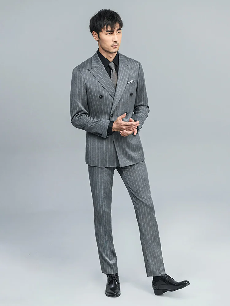 Men Suits Set Double Breasted Grey Stripe Slim Fit Wedding Groom Wear 2022 Autumn Blazer Vest Pant Businessman Daily Clothing 58