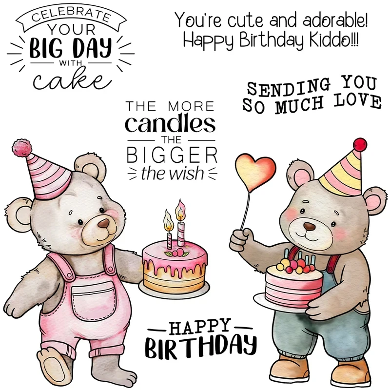 

Happy Birthday Cake And Bears Cutting Dies Clear Stamp DIY Scrapbooking Metal Dies Silicone Stamp Cards Albums Decor