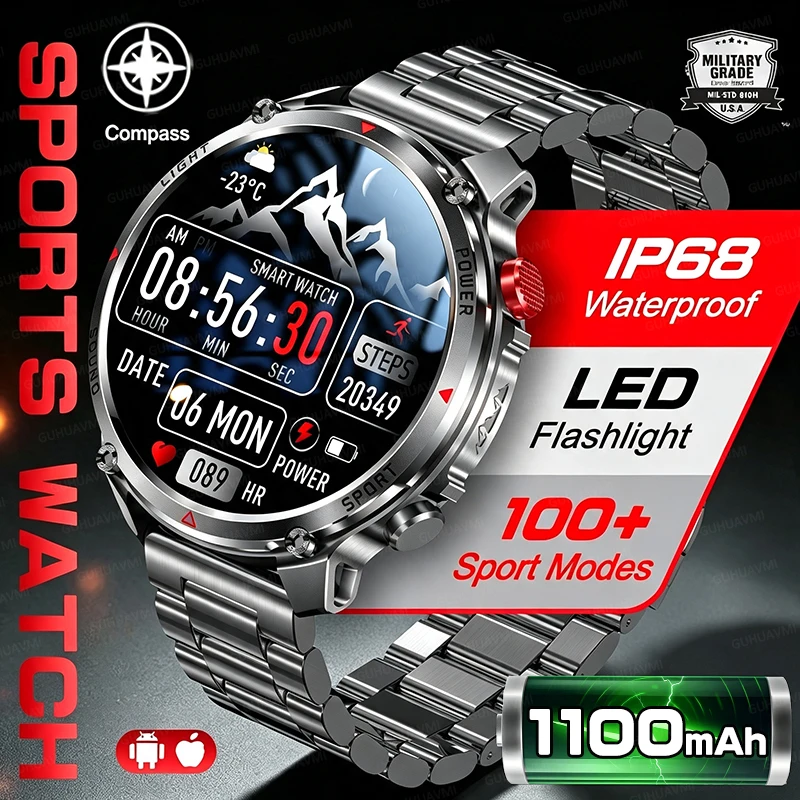 New TANK Tactics 1100 MAh Battery Smart Watch Men GPS Sport Trajectory Compass LED Flashlight IP68 Waterproof Call Fitness Watch