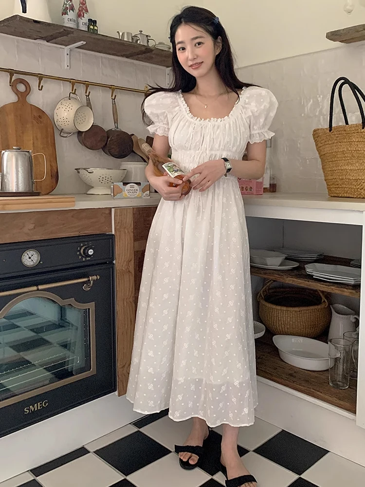 Franse Vaion Sle Dames Dr Zomer Zachte Personali Vierkante Kraag Geplooide Taille Afslankende Bubble Sve Lange Dr