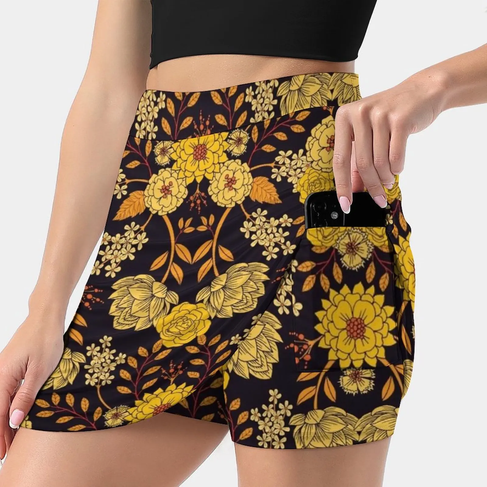 Yellow , Orange & Navy Blue Dark Floral Pattern Skirts Woman Fashion 2022 Pant Skirt Mini Skirts Office Short Skirt Yellow