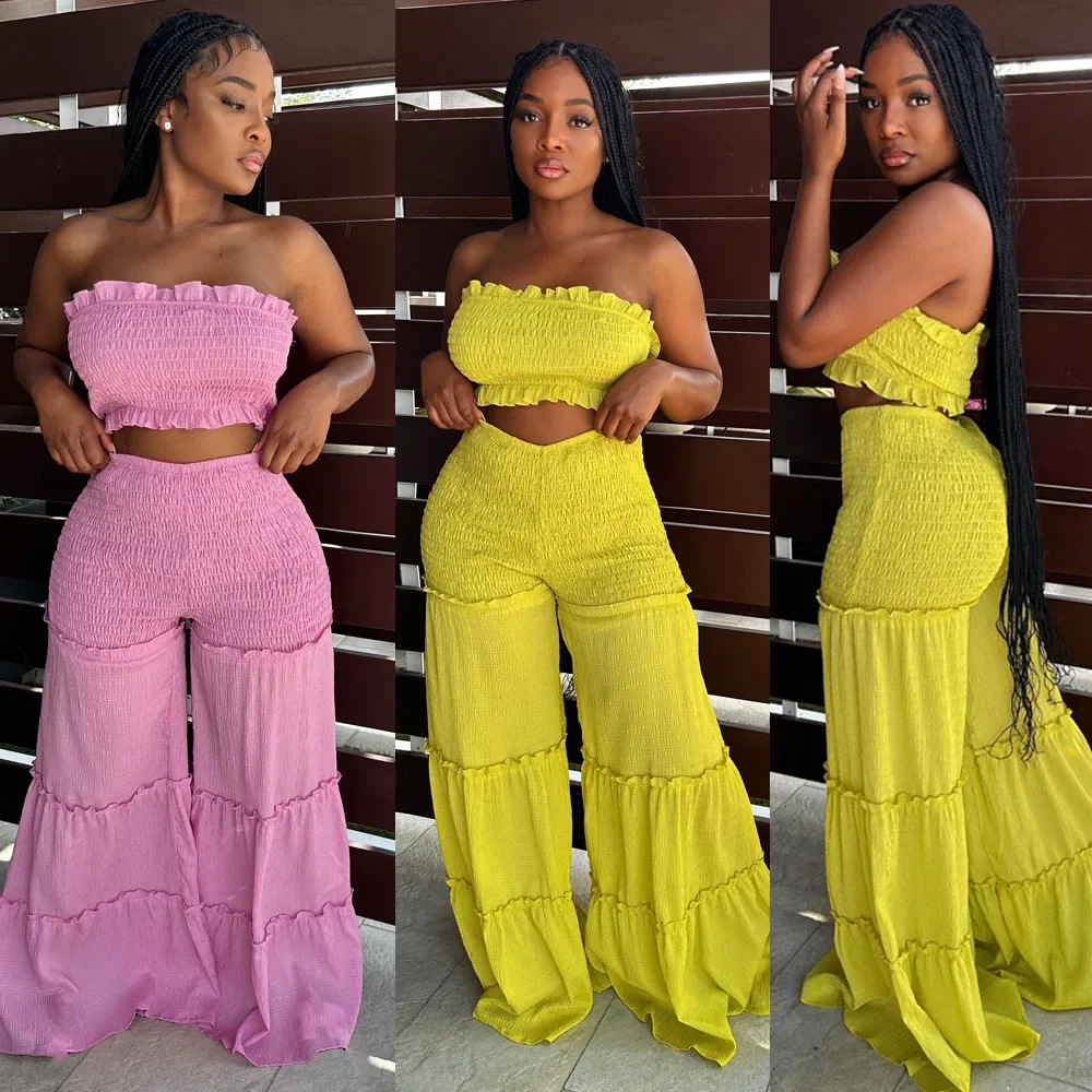 Pleated Set 2 Piece Woman Outfits Summer Solid Color Boho Flared Pants Set Tube Top Two Piece Smocked Wide Leg Pants Set