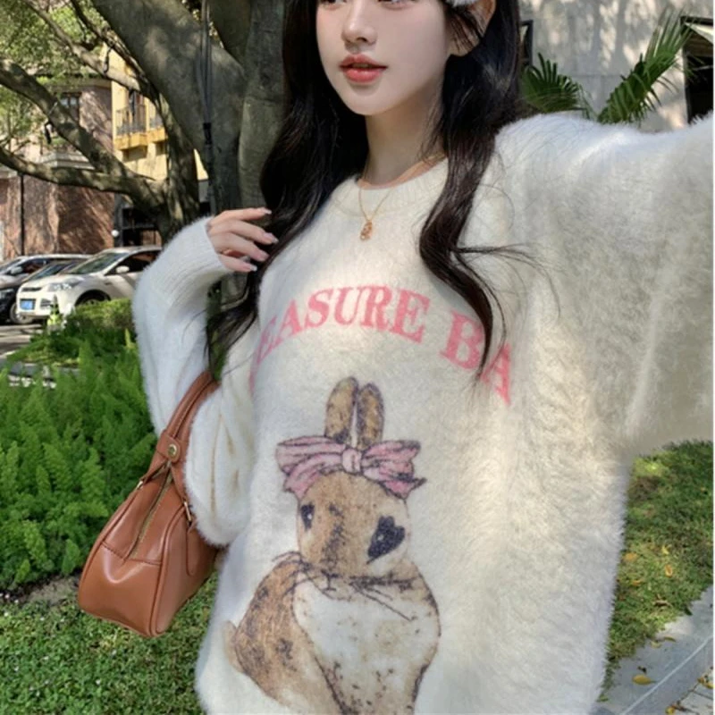 Sweet Bow Rabbit Print Oversized Sweatshirt for Girls Comfortable Women Thicken Winter Jumper Cute Cartoon Long Sleeve Pullover