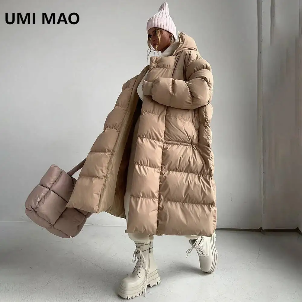 

UMI MAO длинная хлопковая куртка Harajuku, осенне-зимняя женская повседневная стильная теплая толстая хлопковая куртка со скрытой пряжкой, длинная хлопковая куртка с капюшоном