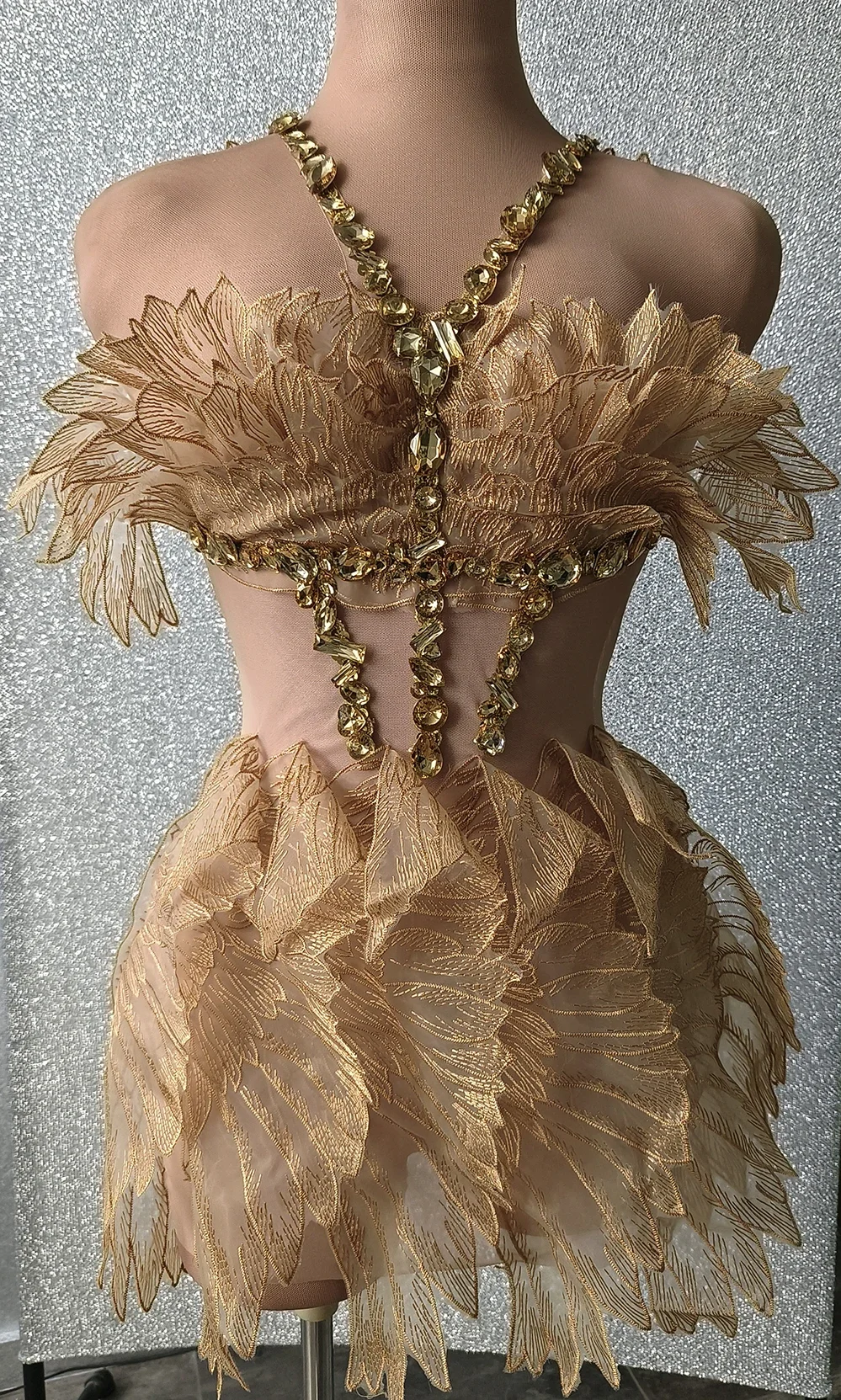 Golden Cicada Wings Dress Shinny Crystal Birthday Party Dresses for Women Stage Performance Costumes Formal Prom Evening Dress