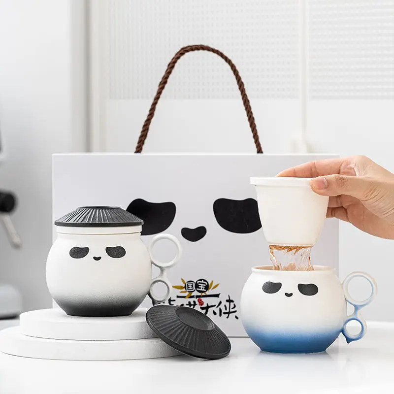 Chinese Panda High Temperature Resistant Ceramic Mug with Lid Tea and Water Separation, Reusable Office Coffee Cup, Gift Box Set