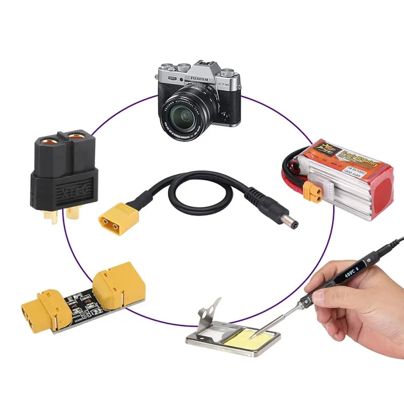 Adapter XT60 męski na męski DC5525 DC5521 DC5.5x2.5mm do lutownicy TS101 TS100 Pine64, monitora FPV, przewodu zasilającego do drona
