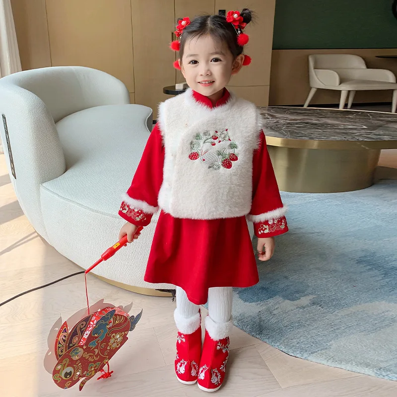 Kids Winter New Year Outfits Cotton Children Round Collar Dragon Embroidery Tang Suit Girls Chinese Lovely Thick And Quilted