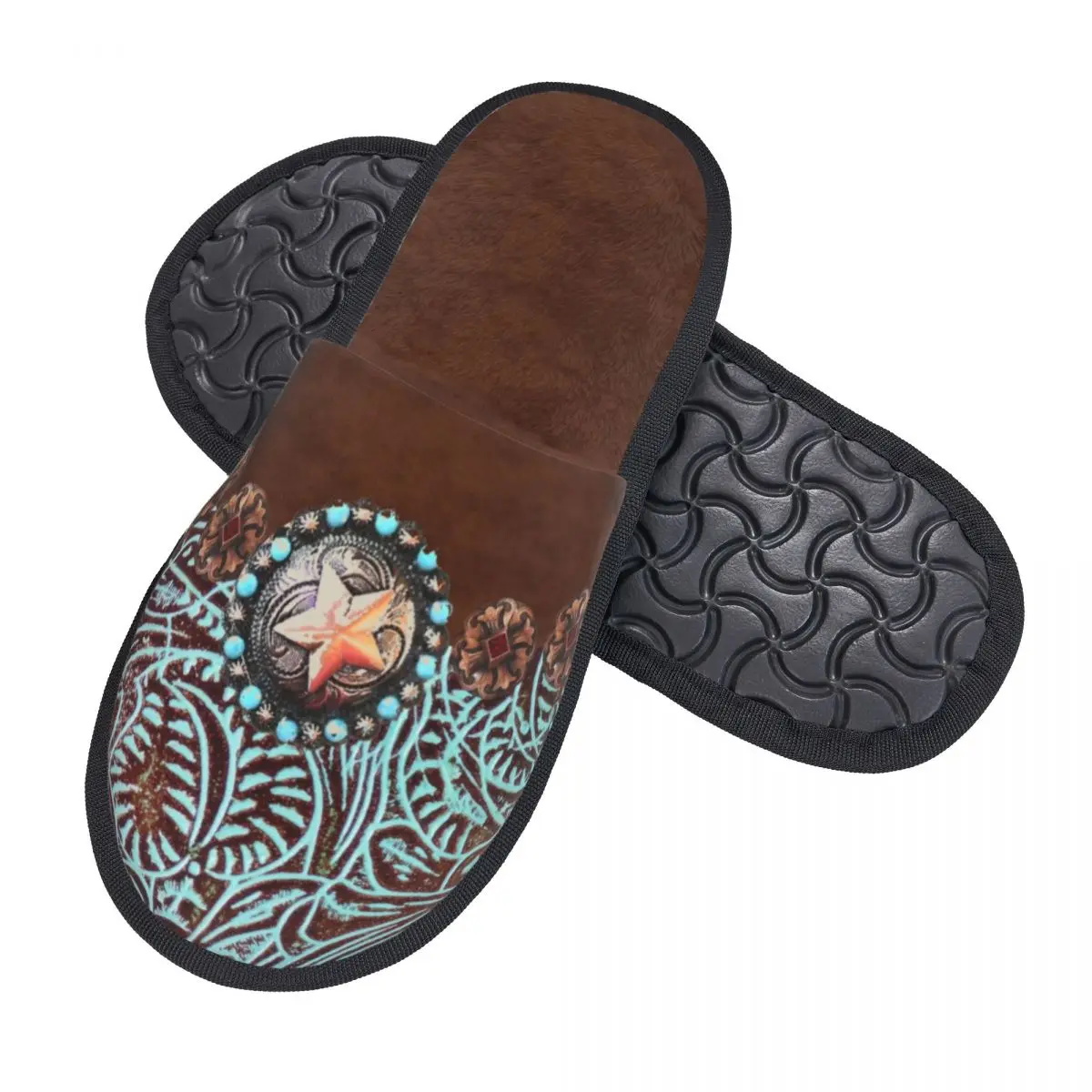 Custom Primitive Cowboy Brown Turquoise Leather Print House Slippers Women Soft Memory Foam Vintage Slip On Spa Slipper Shoes