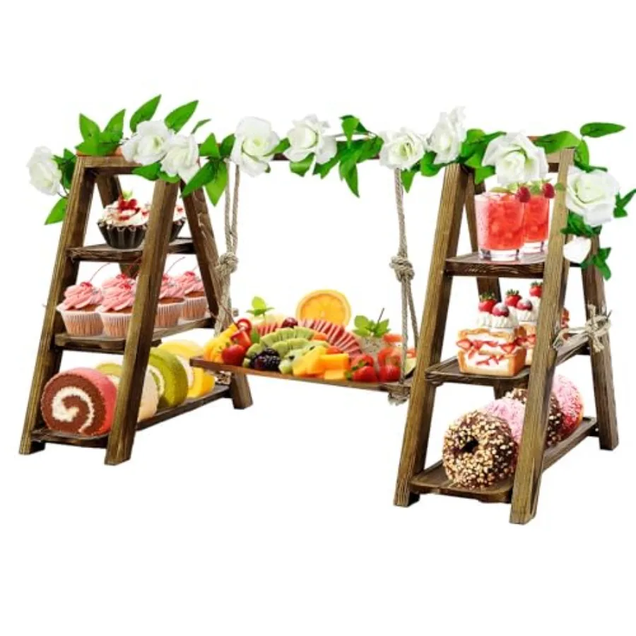 

Wooden 3Tier Cupcake Stand with Swing and Flower Decor Foldable Display Stand with Removable Trays for Cake Snacks Fruit Perfec