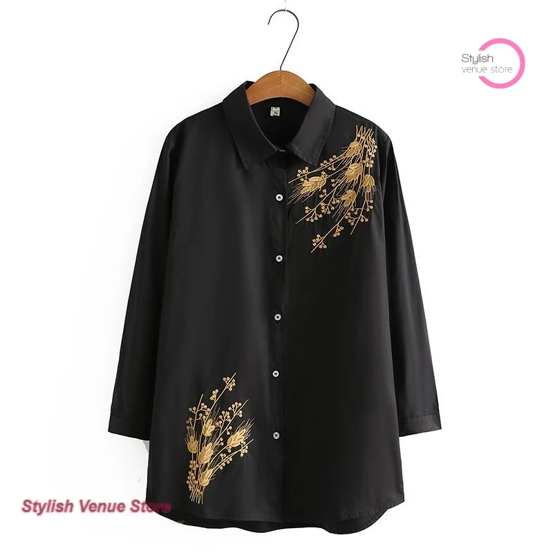 Bordado japonês primavera e outono roupas nova mãe de meia-idade longa camisa branca manga longa feminina casual coringa camisa