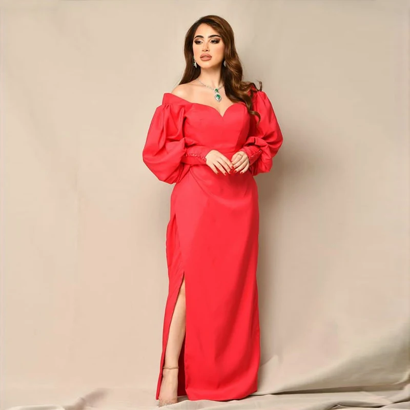 

BridalAffair Elegant Long Red Taffeta Evening Dress With Slit Mermaid Pleated Sweetheart Floor Length Robe De Mariée Party Gown