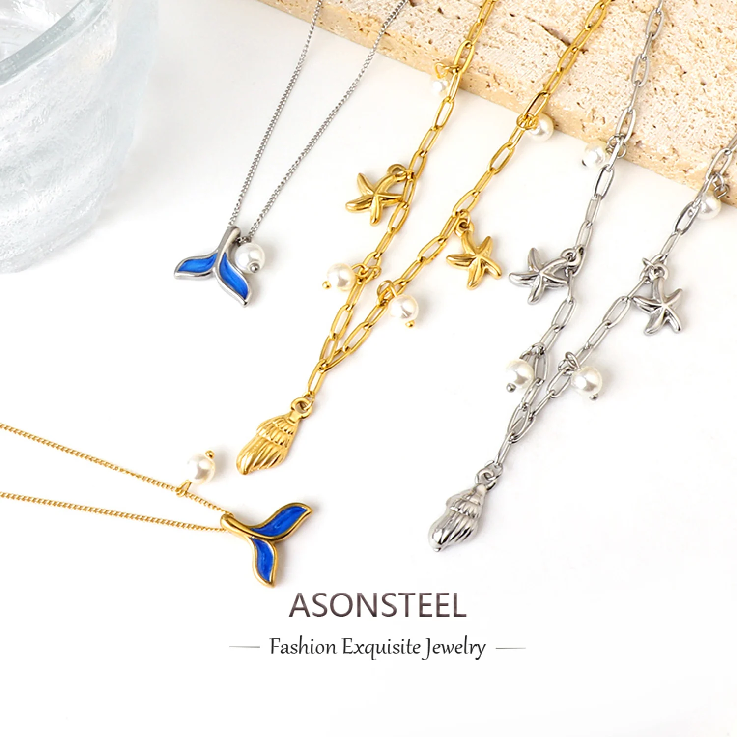 ASONSTEEL Stainless Steel Blue Fishtail Shell Imitation Pearl Starfish Accessories Pendant Necklace Beach Girl Aesthetic Jewelry - Detail 1