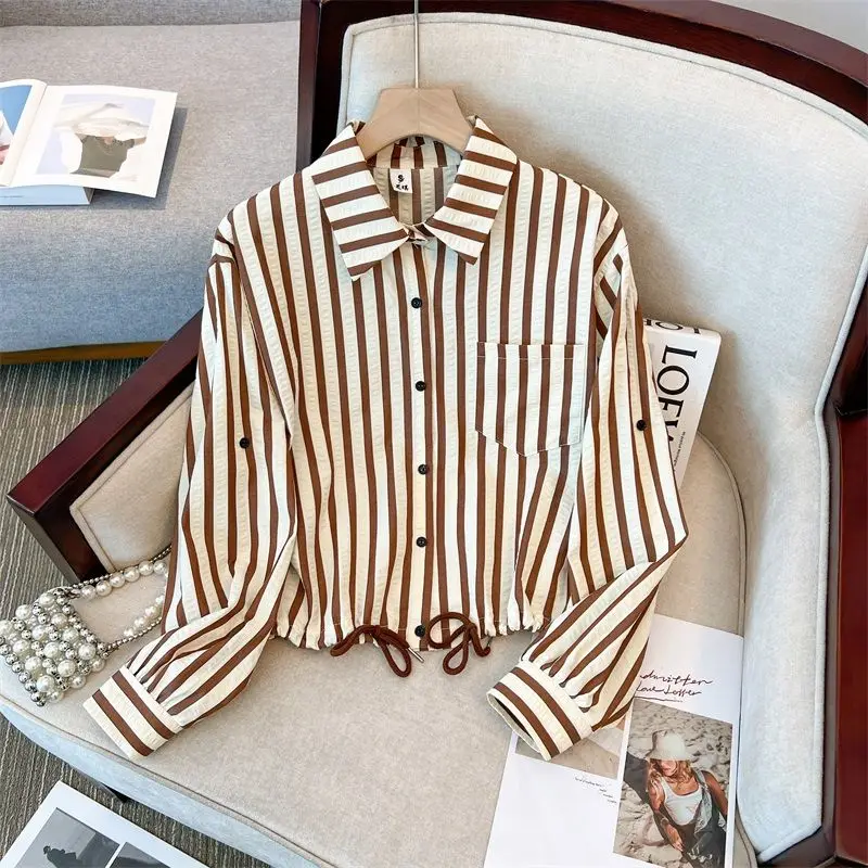 Autumn New Casual Striped Turn-down Collar Long Sleeve Blouse Women Clothes All-match Shirring Cardigan Shirts Female Top Tee