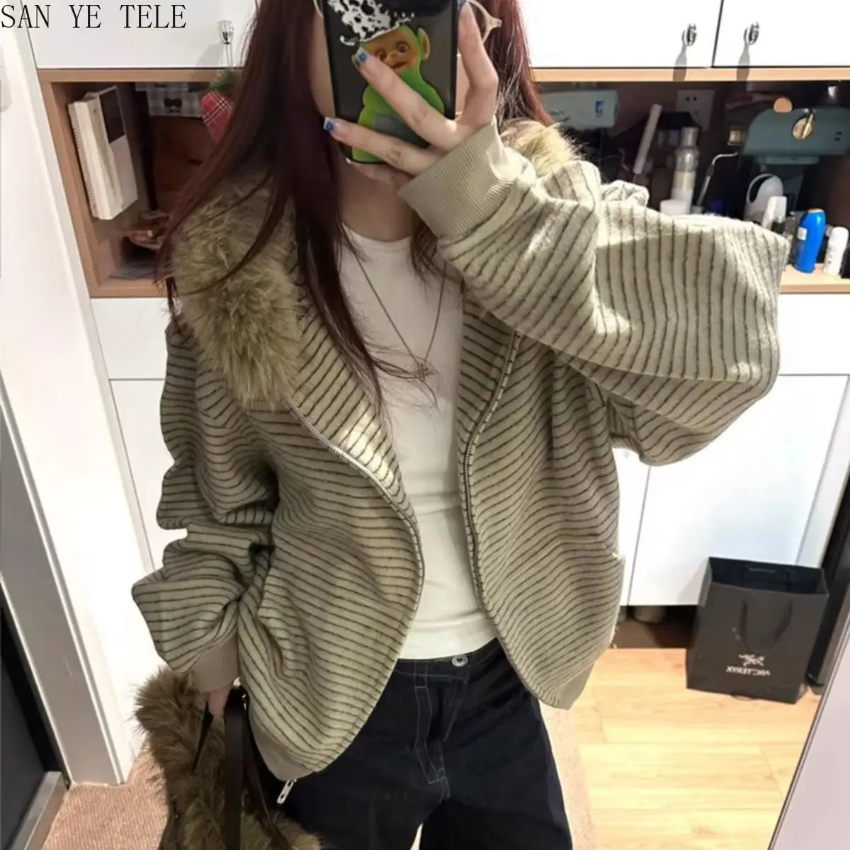 

Свободное теплое пальто с капюшоном в полоску в стиле ретро, женская толстая толстовка с меховым воротником и длинными рукавами, корейский осенне-зимний кардиган, толстовка