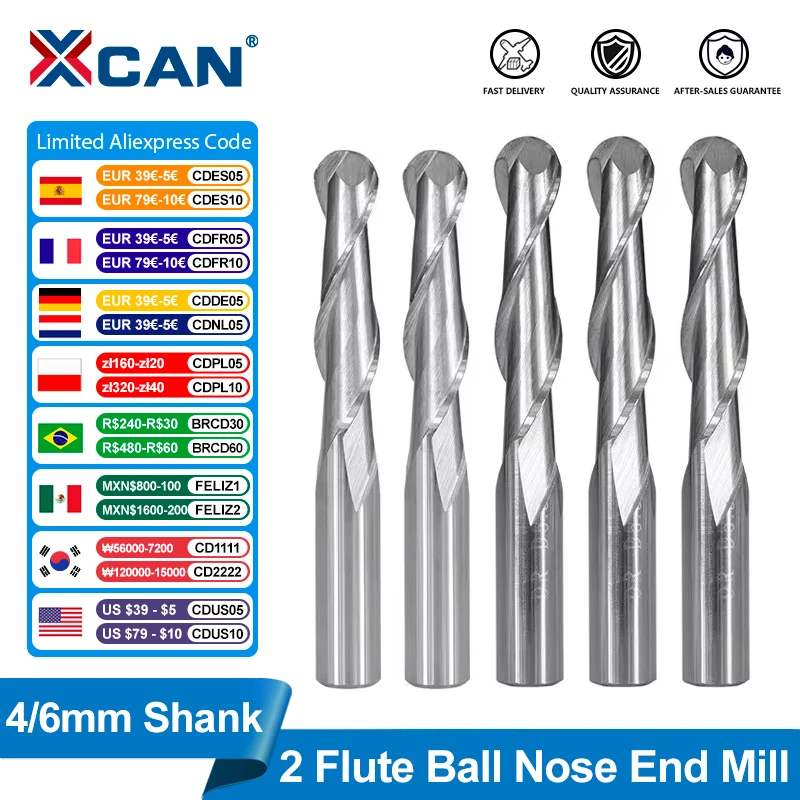 XCAN 2 Flute Ball Nose End Mill 4/6mm Shank CNC Router Bit Carbide End Mill Spiral Milling Cutter for Woodworking