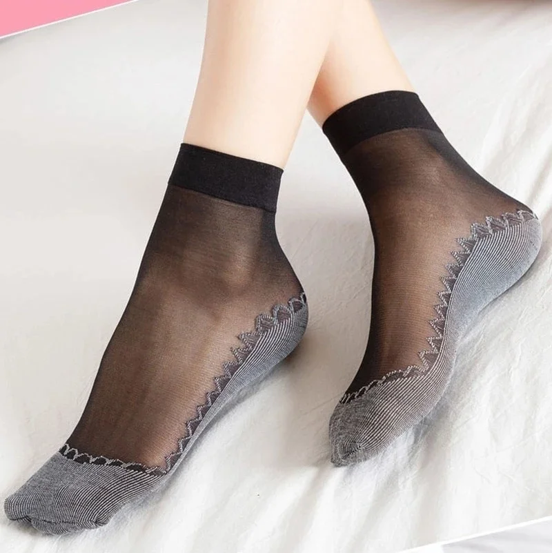 Spring Summer 10/1 Pairs Women Soft Socks Thin Silk Socks Non-Slip Bottom Splice Fashion Transparent Ladies Breathable Sock